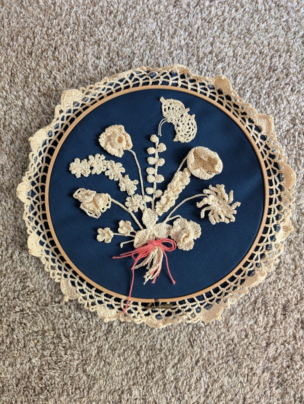 Handmade Crochet Floral Hoop Wall Art - Navy & Cream Cottagecore Grandma Kitsch